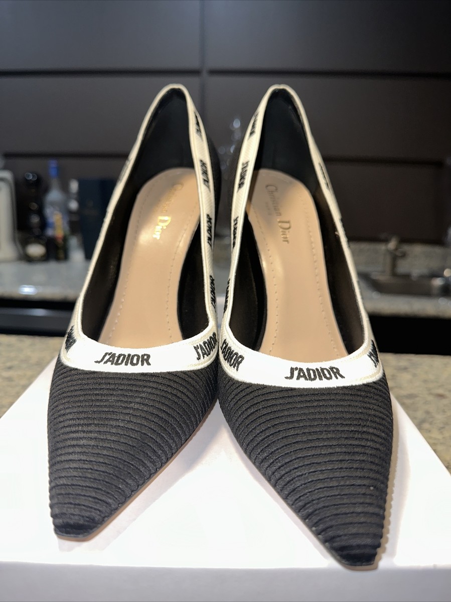 Christian Dior J'adior Black White Ribbon Logo Embroidered Heel