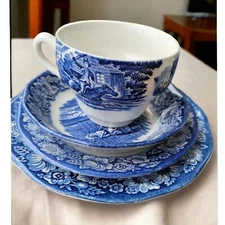 Vintage Liberty White Blue Staffordshire 2 Teacup 6 Saucers Set Betsy Ross 