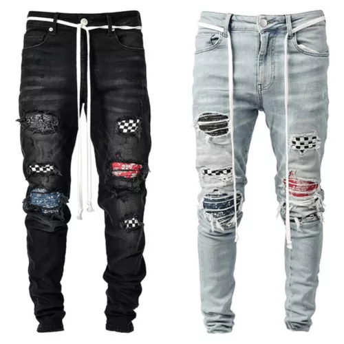 Men Ripped Distressed Skinny Jeans Denim Pants Casual Stretch Slim Fit Trousers!