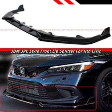 For 2022-2024 Honda Civic LX EX Si JDM 3pc Gloss Black Front Bumper Lip Splitter