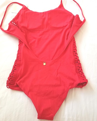 MED size 10-12 Bright Coral NWT Sexy Woven Cut Out Sides MALAI Swim Costume NWT - Picture 5 of 9