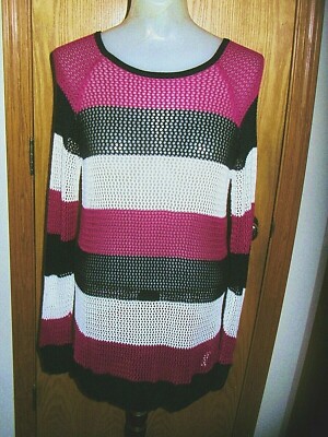 BOSTON PROPER-L/S-MESH SWEATER-PINK/BLK/WHT-100% MATE RAYON-STRETCH-M-EUC