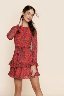 FRANCESCA S Mi Ami Red Floral ''Ronda'' Tiered Ruffled Ladies Mini Party Dress, L