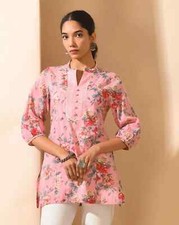 Indian Women Green Floral Cotton Printed Kurta Kurti Top Tunic Pakistani Dress
