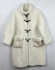 MM&Co Women Faux Shearling Coat Ivory Size M OVERSIZED Faux Suede Trim NWOT READ
