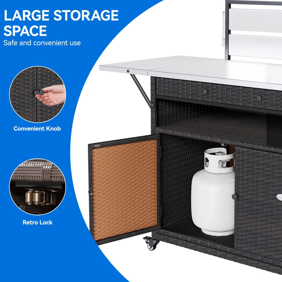 Carro rodante isla de cocina exterior y gabinete de almacenamiento, carro de barra de almacenamiento de mimbre XL Foto 4 de 4