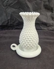 VTG Fenton White Milk Glass Hobnail Hurricane Lamp Candle Holder Finger Loop