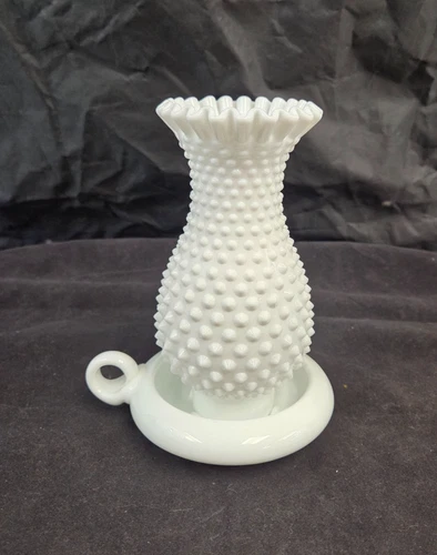 VTG Fenton White Milk Glass Hobnail Hurricane Lamp Candle Holder Finger Loop