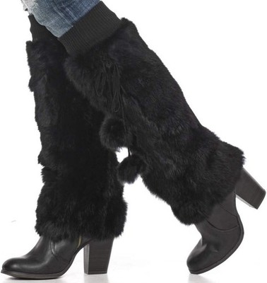 Rabbit Fur Plush Black Leg Warmers with Pom Pom Tassels