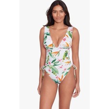 LAUREN RALPH LAUREN Plunge One Piece Swimsuit 16 White Watercolor Floral NWT