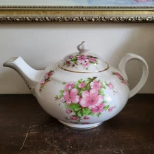 Royal Chelsea England Pink Peach Blossom Porcelain Teapot With Sugar Bowl 