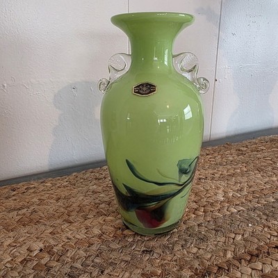 Mid-Century Dalian Opalescent Green Glass Vase Small with Colorful Swirling 8''
