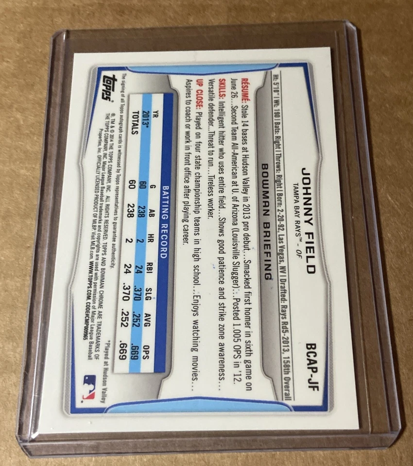 2014 Bowman Chrome - Prospect Autographs Johnny Field #BCAP-JF (AU, RC) - Image 2 of 2