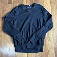 Tommy Hilfiger Mens V Neck Sweater Solid Casual Pullover Flag Black