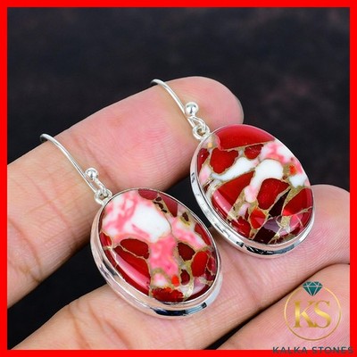 Kingman Red Mohave Copper Turquoise Earrings 925 Sterling Silver Dangle Earrings