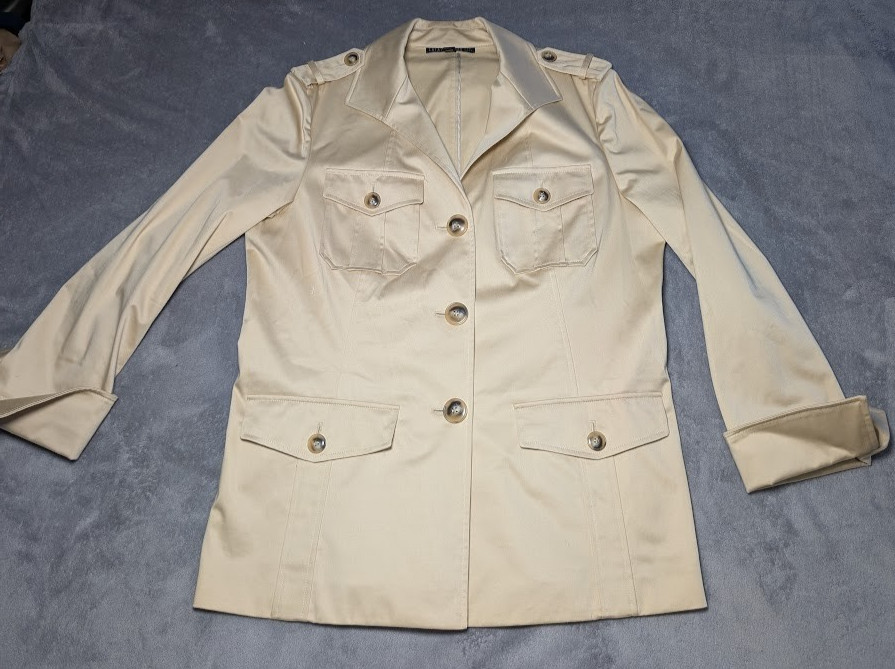 Lafayette 148 New York Trench Coat Tan Pockets Split Cuff Military Jacket SZ 12