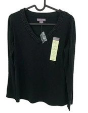 Laura Scott Women's SZ S Scoop Neck Black W/Beads LS Pullover Sweater