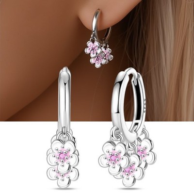 PANDACH 925 Sterling Silver Pink Cherry Blossom Dangle Earrings For Women Hoops