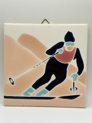 Vintage Decorative Ceramic Tile Wall Hanger Of Skier
