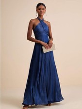 Lulus Canley Blue Satin Cross-Front Halter Maxi Dress NWT XS