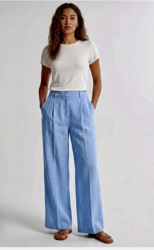 Abercrombie & Fitch Women Tailored Linen Blend Wide Leg Pants XL Blue Pleated