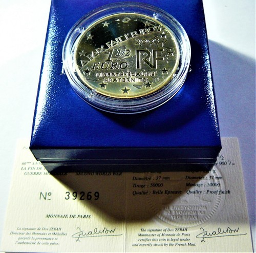 FRANCE 1-1/2 Euro 2005 Silver Proof Doves Peace/End of WWII BOX/COA - Picture 3 of 3