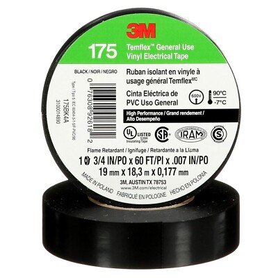 3M Temflex Vinyl Electrical Tape 175, Black, 3/4 in x 60 ft., 7 mil, 10 pack