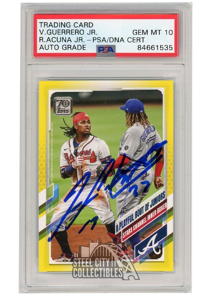 Ronald Acuna Vladimir Guerrero Jr 2021 Topps Yellow Auto Card #61 PSA/DNA 10