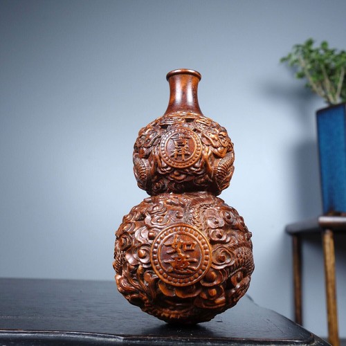 Chinese Antique Boxwood Wood Carving Dragon Wooden Gourd Statue Home Decor Art - Afbeelding 1 van 9