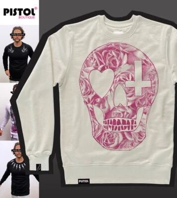 Pistol Boutique Sweatshirt Homme Beige Rose Croquis Crâne Cœur Décontracté - Photo 1/4