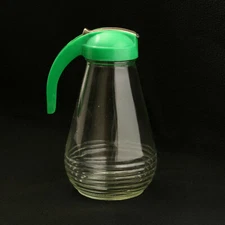 9" Syrup Dispenser Pitcher Clear Ribbed Bottom - Green Handle w/ Drip Cut