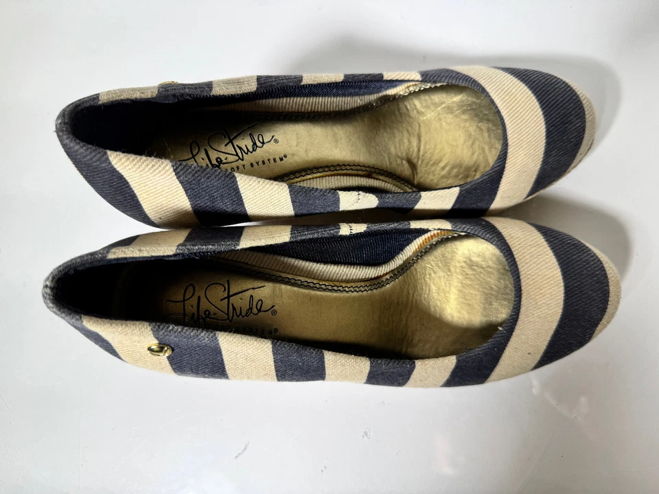 Zapatos de tacón de cuña LifeStride Soft System de lona a rayas, azul marino y crema - talla US 6 Foto 3 de 4