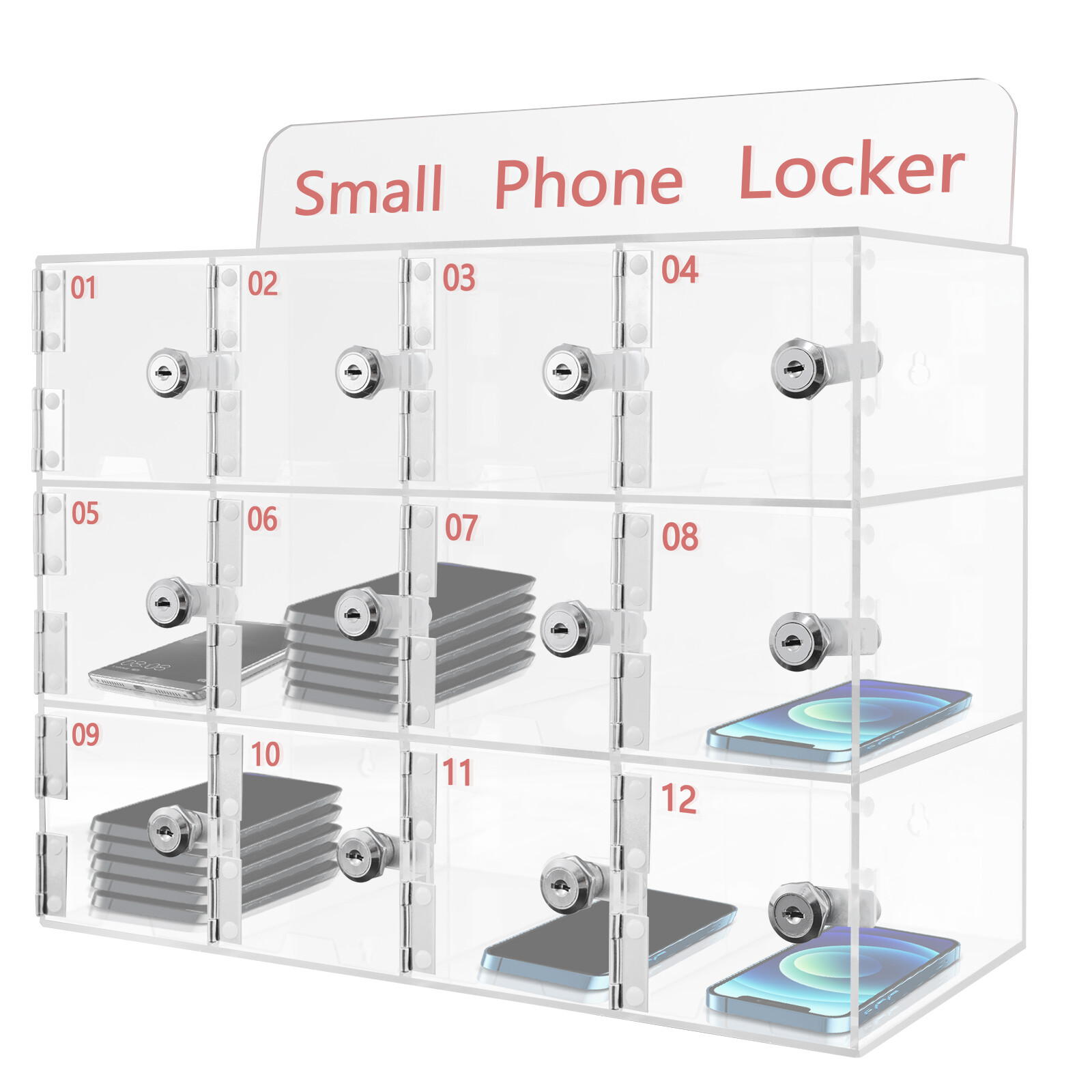 Modern 12 Slots Acrylic Cell Phone Locker Box Storage Cabinet Pocket w/Key Clear