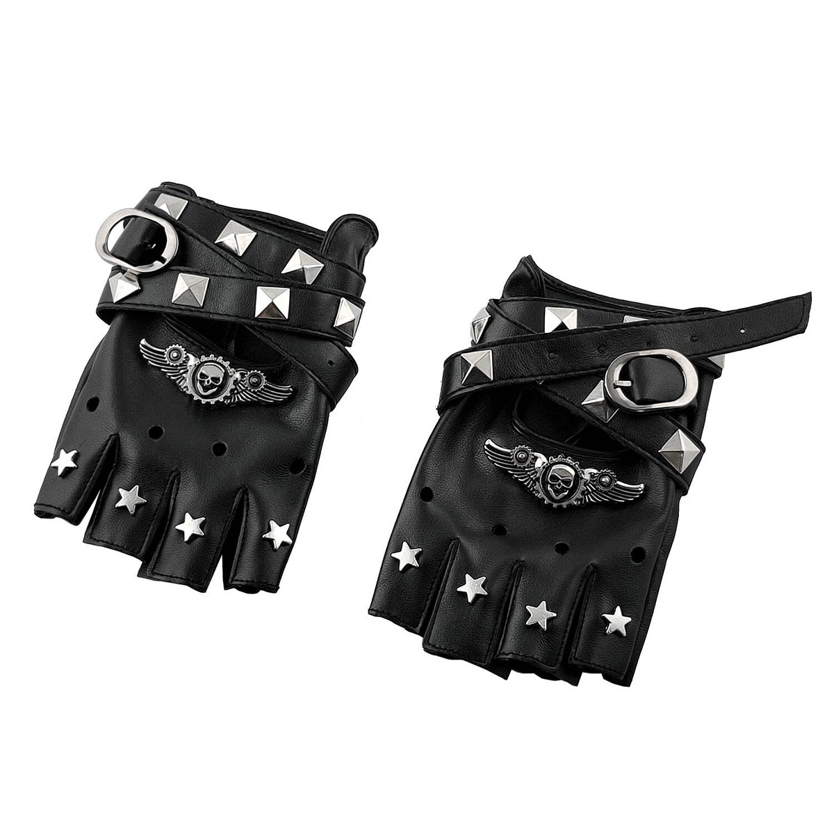Women Stars Leather Gloves Punk Rock Wing Skull Fingerless