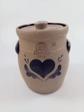 Rowe Pottery Works Handled Canister Crock & Lid Salt Glazed 1992 Blue Heart 8"