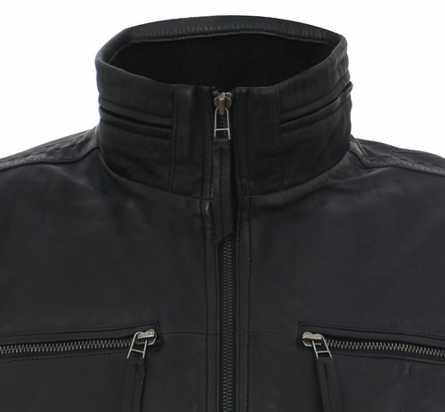Men's Vintage Black Retro Casual Zipped 100% Leather Racing Biker Moto Jacket - Picture 4 of 5