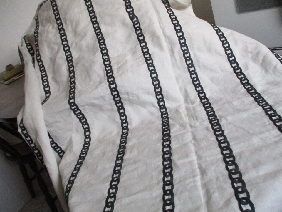 JF Fabrics Tangle Design 5 1/2 Yards Linen Fabric Embroidered Chain Ivory & Blue - Image 3 of 4