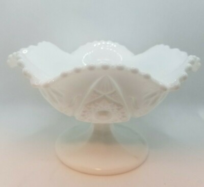 Vintage Imperial Milk Glass Cosmos Pattern Pedestal Compote Bowl with Scalloping
