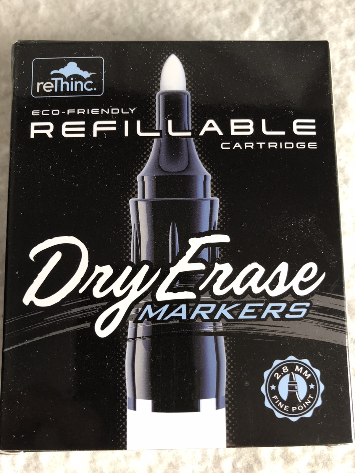 ReThinc 6 Refillable Dry Erase Markers Fine Point Black Blue & Red Colors.