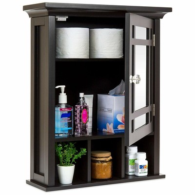Espresso Bathroom Mirror Wall Storage Medicine Cabinet Door Shelves