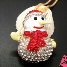 New Betsey Johnson Red Enamel  Crystal Snowman Pendant Long Sweater Necklace