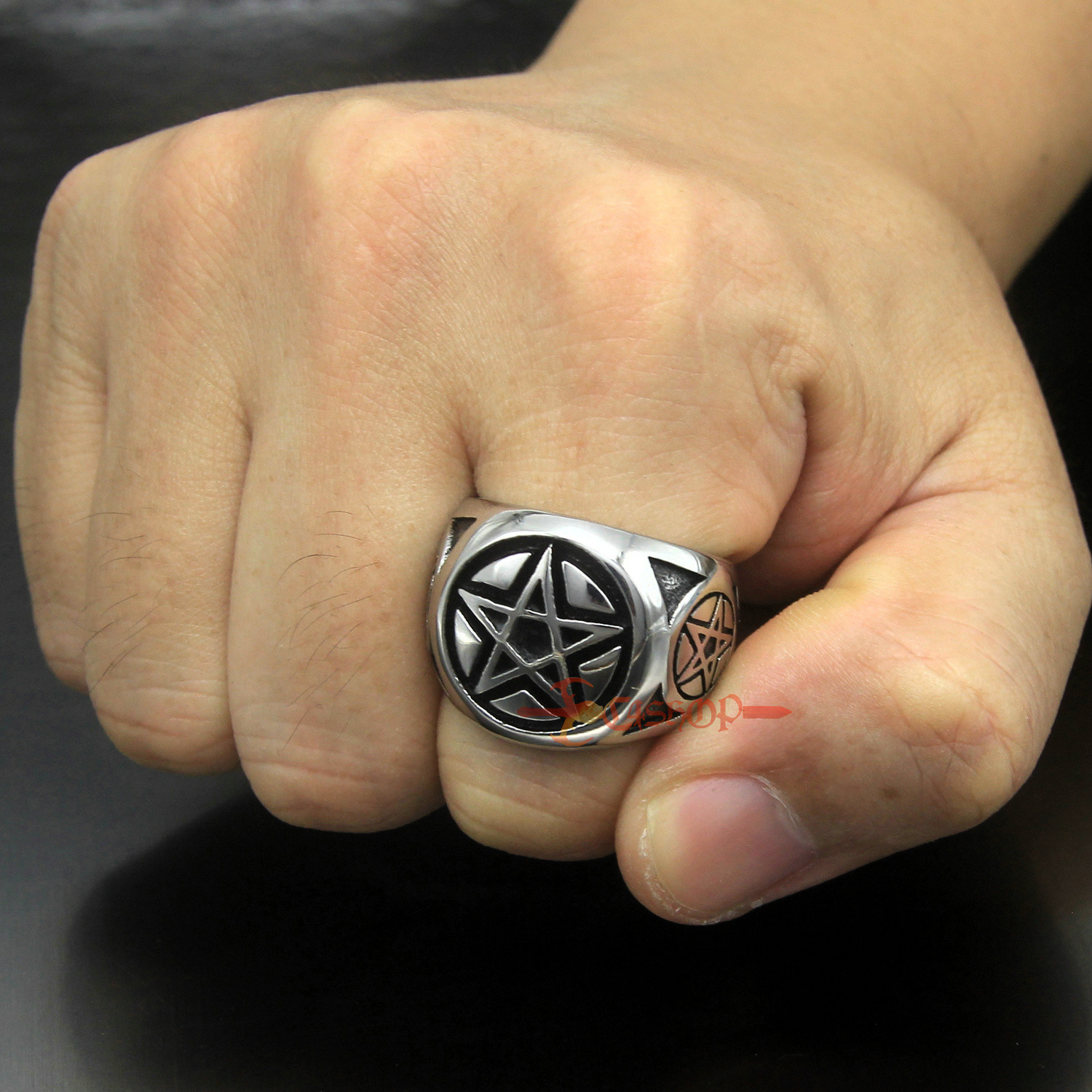 Unift Anello Pentagramma Mezzaluna Per Donne Uomini Acciaio Inox Wiccan Pagano Pentacolo Mezzaluna Anelli Stregoneria Gioielli (argento, 7 - Foto 2