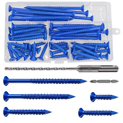 (100 PCS) 3/16'' Concrete Screw Anchor Kit Blue Flat Head for Anchoring to Mas...