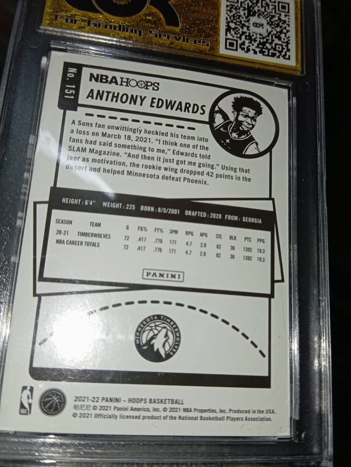 ANTHONY EDWARDS 2021-22 Panini Hoops Purple NBA card (COR-9.5 Gem Mint) - Image 3 of 3