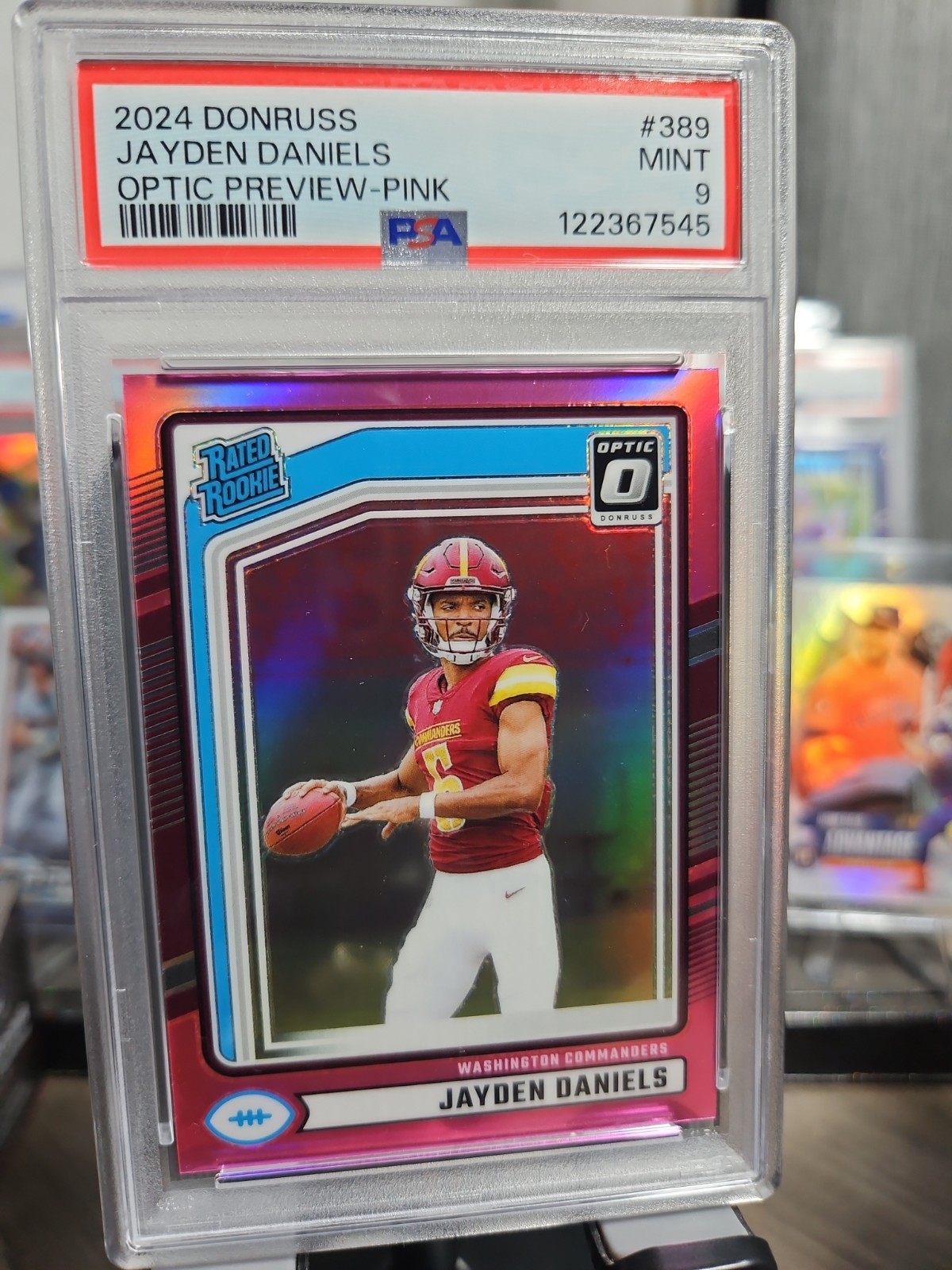 2024 Panini Donruss Jayden Daniels Rated Rookie RC Optic Preview Pink PSA 9 view 3