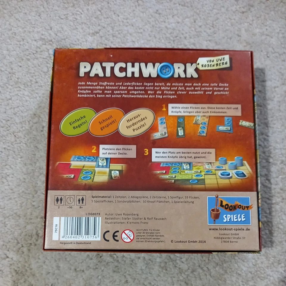 Patchwork (2-Spieler Spiel, Lookout Spiele, Uwe Rosenberg) Sehr gut erhalten - Bild 2 von 3