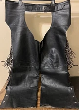 EXCELLED Men’s X-Large Black Leather Chaps with Fringe Cowboy Western