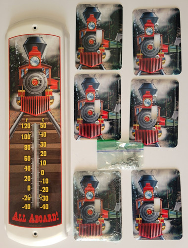 RED TRAIN LOCOMOTIVE LIGHT SWITCH WALL PLATES (6)  AND MATCHING THERMOMETER