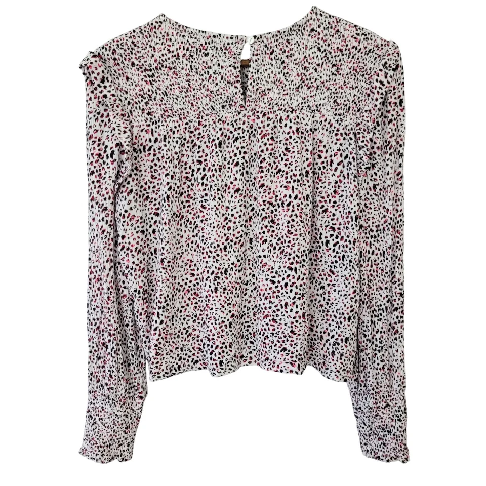 Aqua со сборками леопард печать блузка женщин Sz M белый розовый черный длинным рукавом  - Изображение 2 из 4