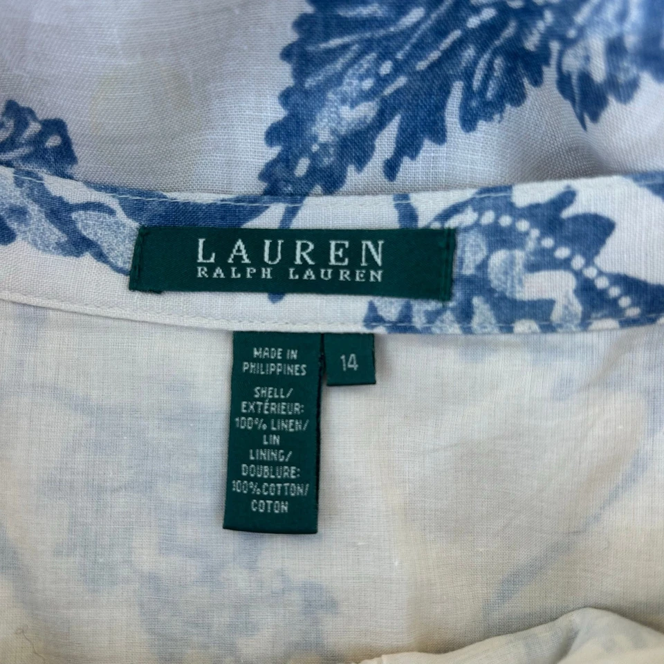 Saia Midi Vintage Ralph Lauren Anos 90 Linho Botão Frontal Azul Floral 14 Francês - Imagem 3 de 4